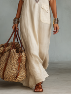 Linen Blend Embroidered Short-Sleeve Maxi Dress for Women - MDZ0600A1Y