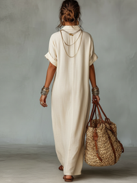 Linen Blend Embroidered Short-Sleeved Maxi Dress for Women