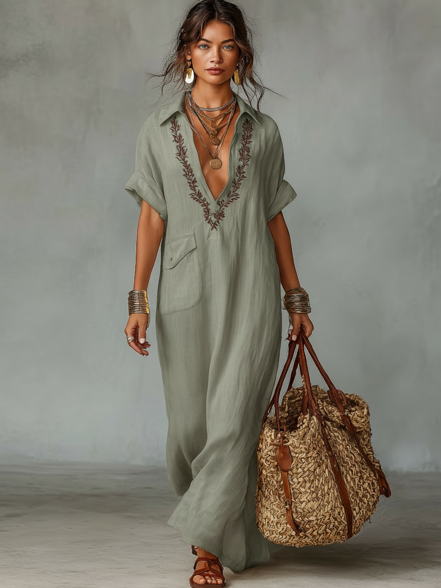 Linen Blend Embroidered Short-Sleeved Maxi Dress for Women