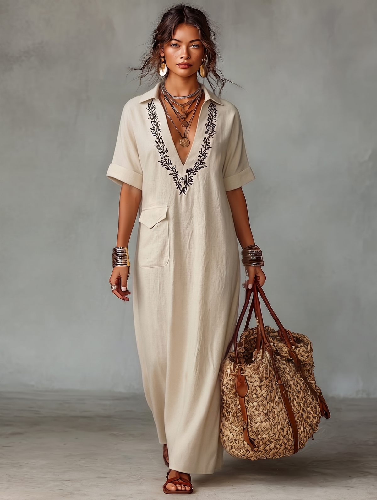 Linen Blend Embroidered Short-Sleeved Maxi Dress for Women