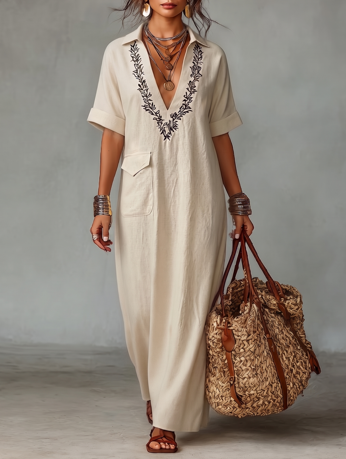 Linen Blend Embroidered Short-Sleeved Maxi Dress for Women