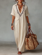 Linen Blend Embroidered Short-Sleeved Maxi Dress for Women