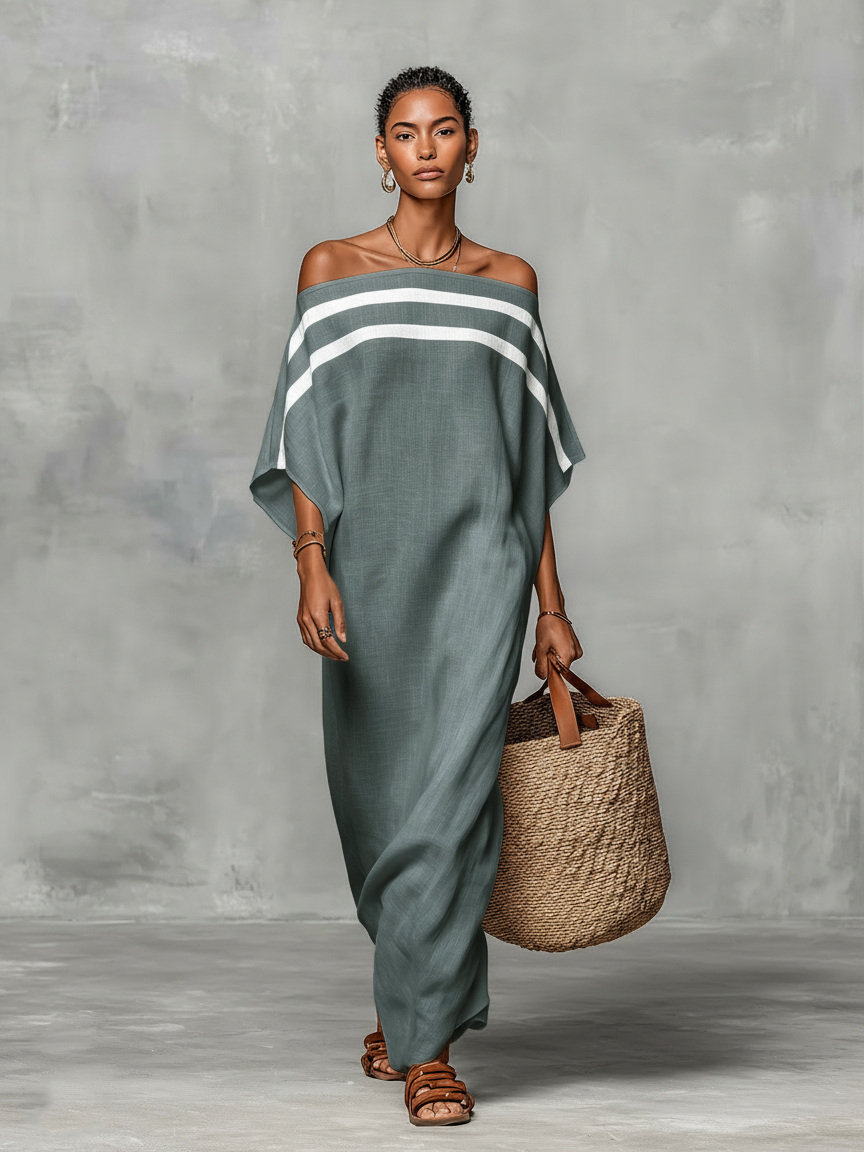 Linen Blend Off-the-Shoulder Maxi Dress with Batwing Sleeves for Women