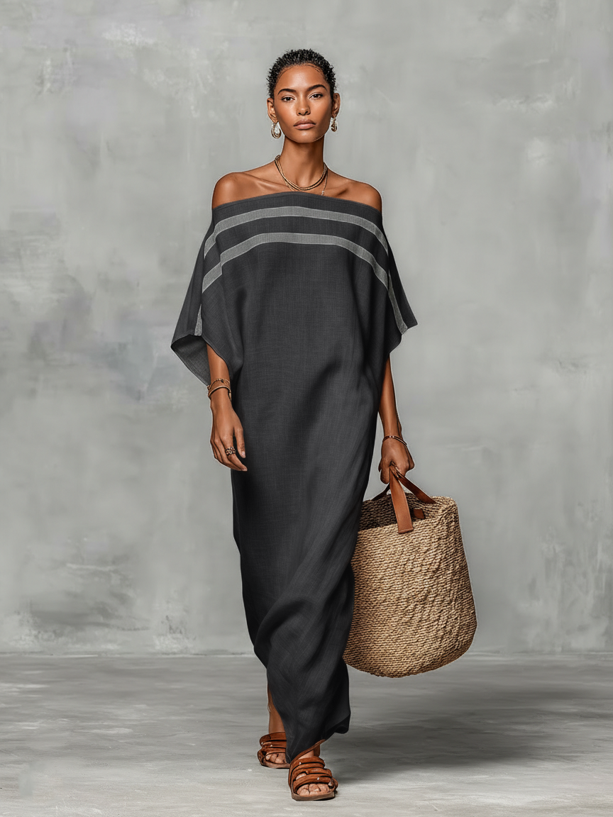 Linen Blend Off-the-Shoulder Maxi Dress with Batwing Sleeves for Women