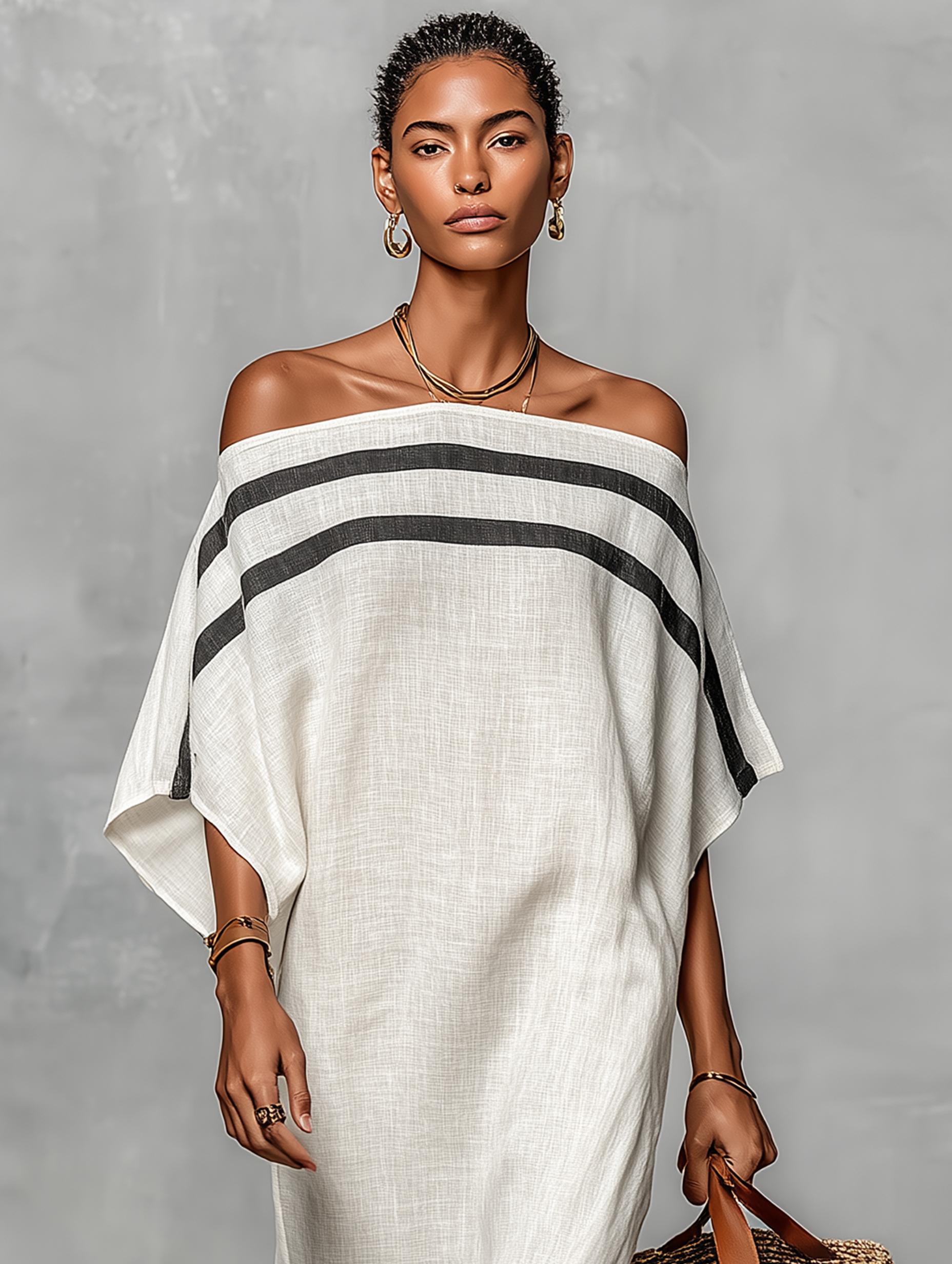 Linen Blend Off-the-Shoulder Maxi Dress with Batwing Sleeves for Women