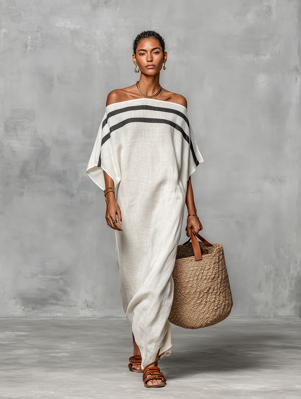 Linen Blend Off-the-Shoulder Maxi Dress with Batwing Sleeves for Women
