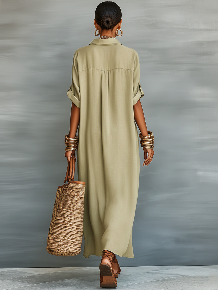 Linen-Blend Short-Sleeved Maxi Dress for Women – Minimalist Everyday Style