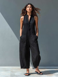 Linen Blend Sleeveless Button-Up Jumpsuit with Stand Collar for Women