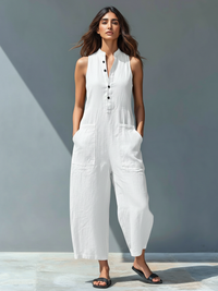Linen Blend Sleeveless Button-Up Jumpsuit with Stand Collar for Women