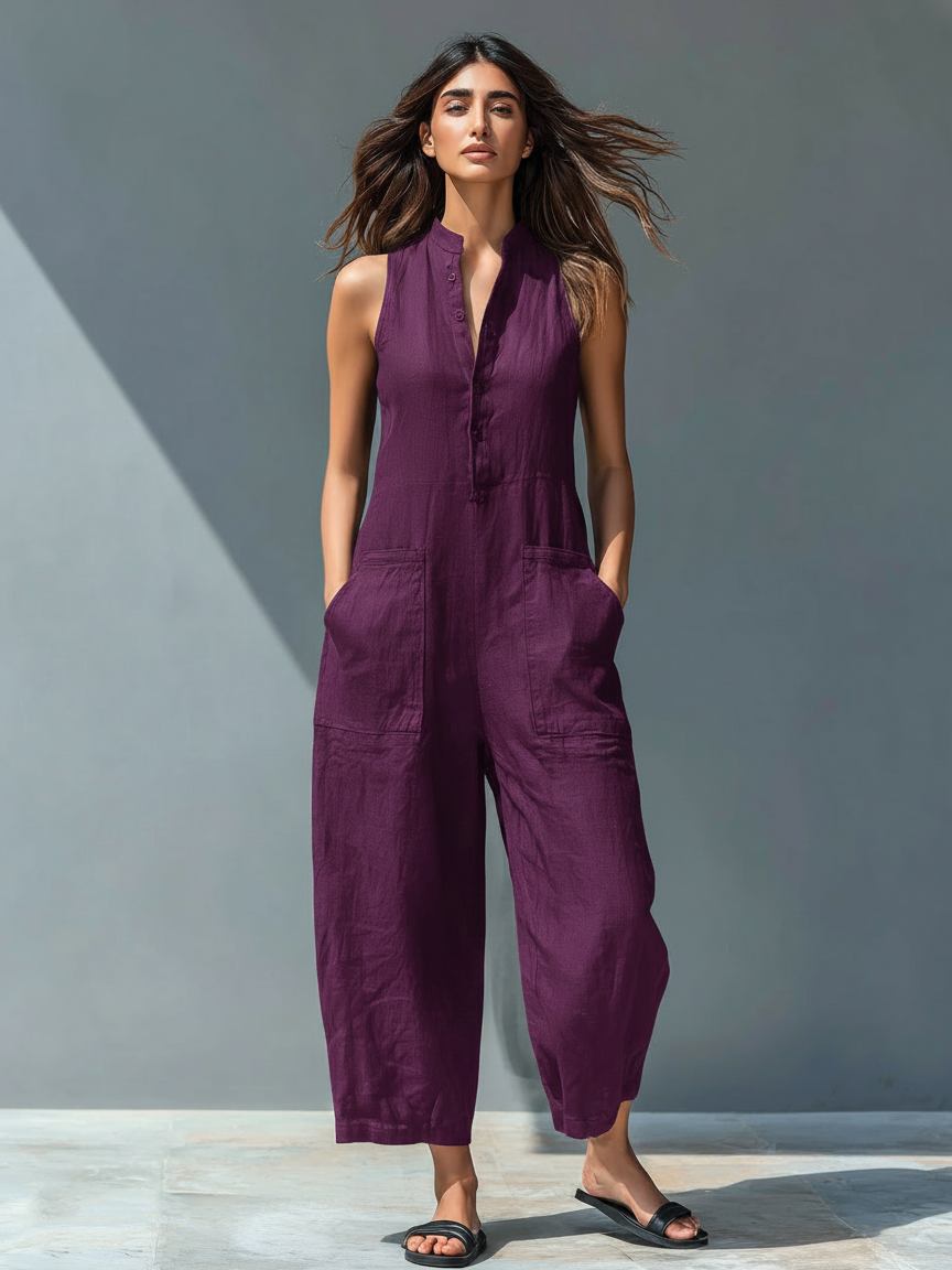Linen Blend Sleeveless Button-Up Jumpsuit with Stand Collar for Women