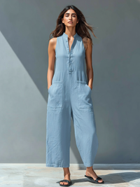 Linen Blend Sleeveless Button-Up Jumpsuit with Stand Collar for Women