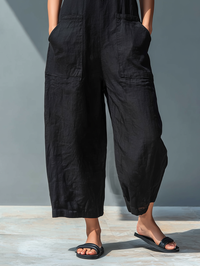 Linen Blend Sleeveless Button-Up Jumpsuit with Stand Collar for Women