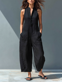 Linen Blend Sleeveless Button-Up Jumpsuit with Stand Collar for Women