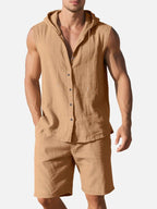 Linen Blend Sleeveless Hooded Vest Shirt for Casual Summer Wear