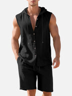 Linen Blend Sleeveless Hooded Vest Shirt for Casual Summer Wear