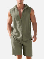 Linen Blend Sleeveless Hooded Vest Shirt for Casual Summer Wear