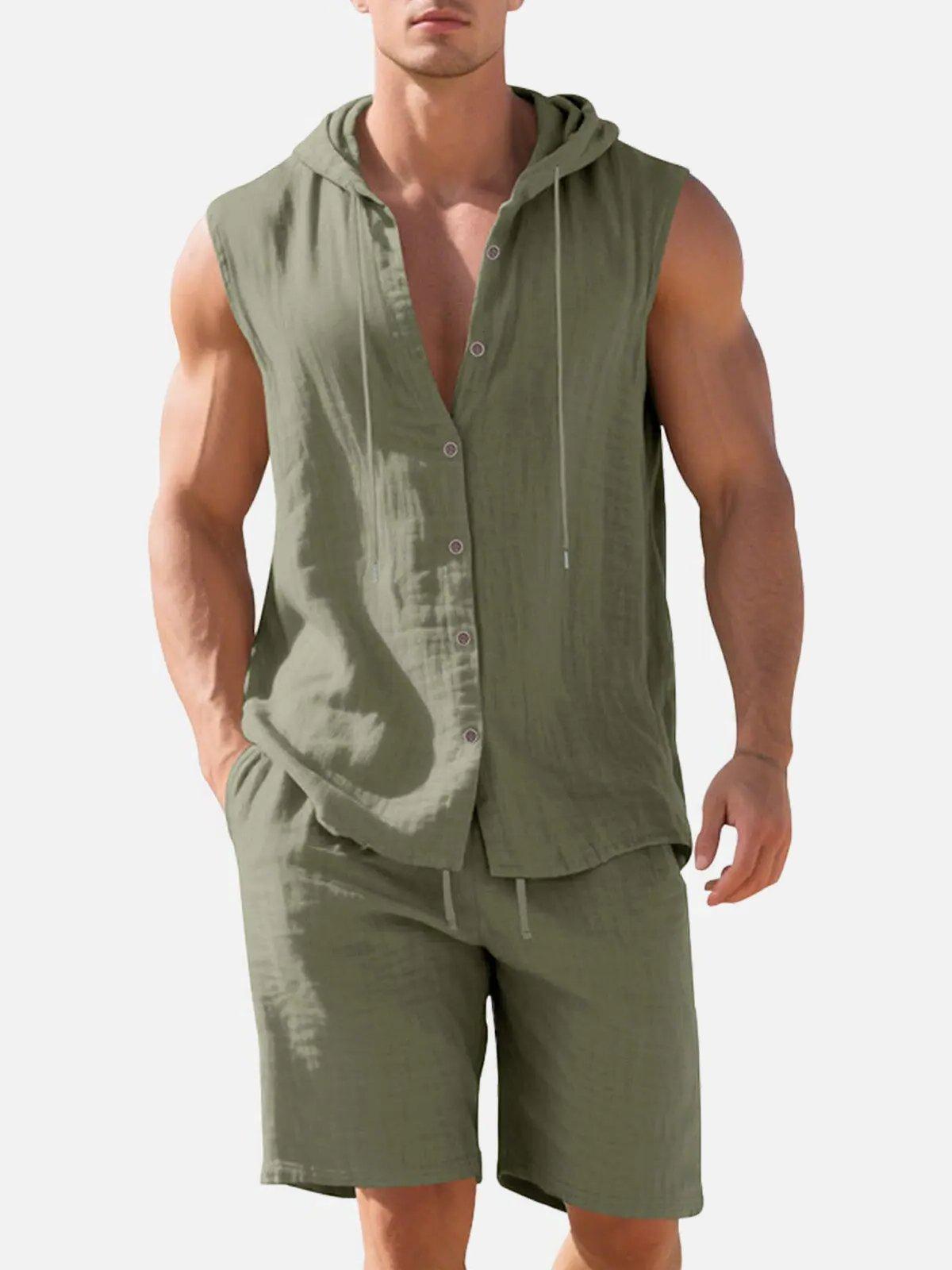 Linen Blend Sleeveless Hooded Vest Shirt for Casual Summer Wear