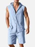 Linen Blend Sleeveless Hooded Vest Shirt for Casual Summer Wear