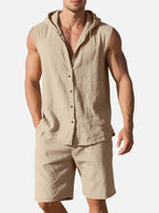 Linen Blend Sleeveless Hooded Vest Shirt for Casual Summer Wear
