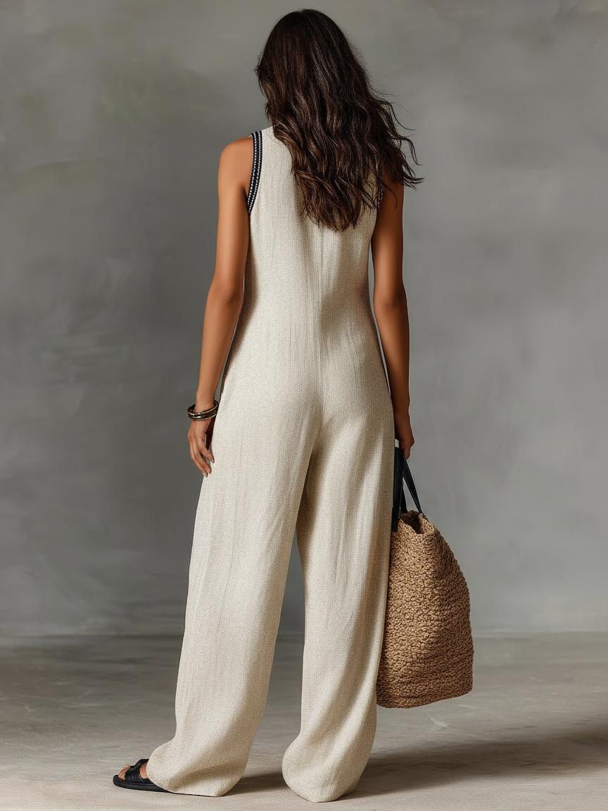 Linen Blend Sleeveless Jumpsuit with Zipper and Stand Collar for Women