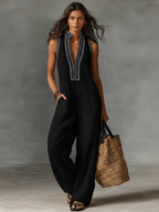 Linen Blend Sleeveless Jumpsuit with Zipper and Stand Collar for Women