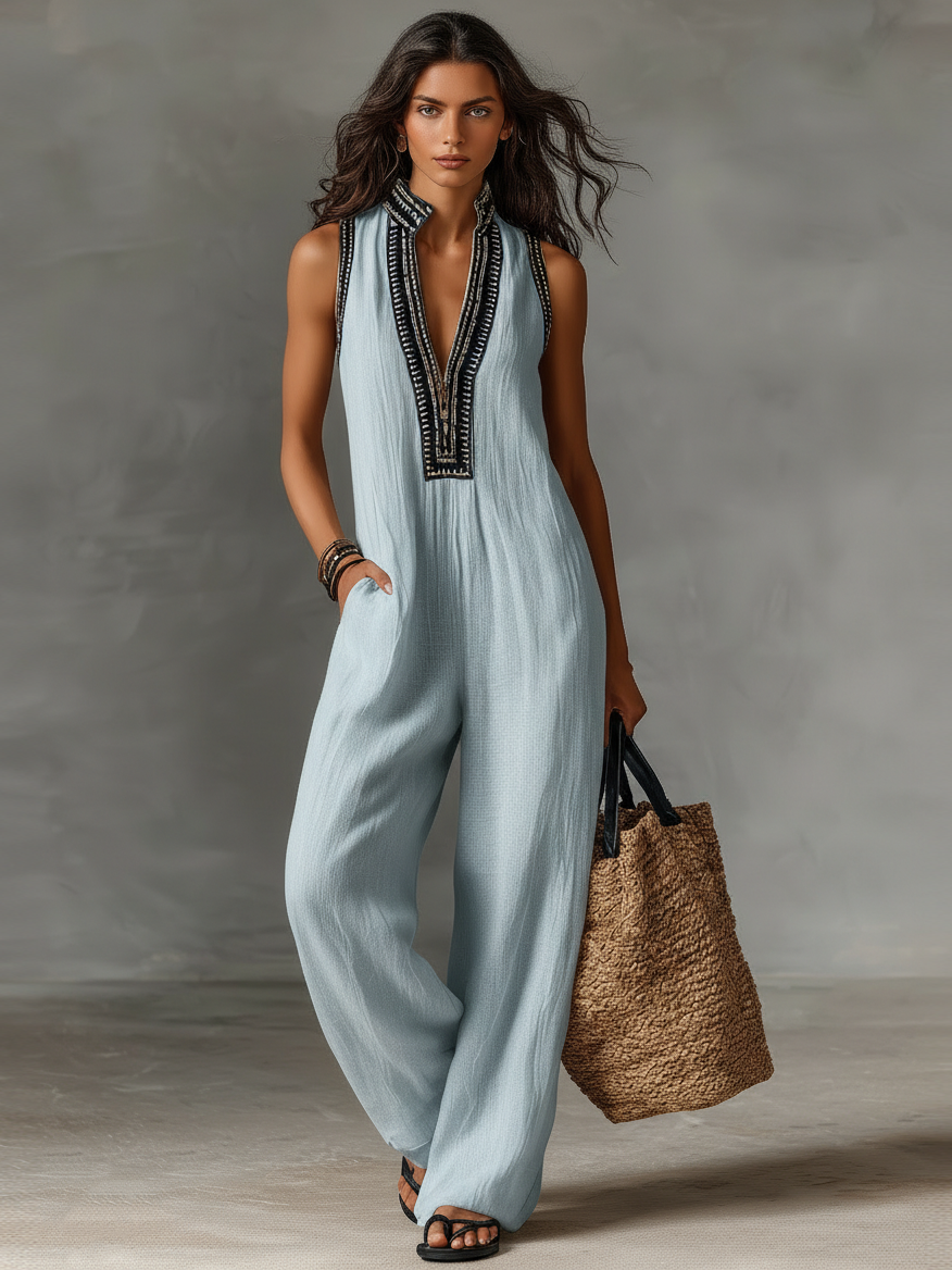Linen Blend Sleeveless Jumpsuit with Zipper and Stand Collar for Women