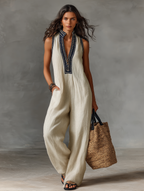 Linen Blend Sleeveless Jumpsuit with Zipper and Stand Collar for Women
