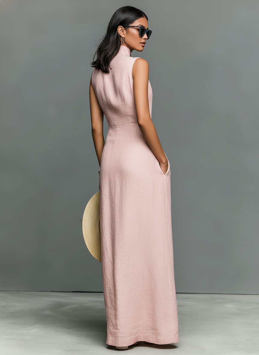 Linen-Blend Sleeveless Maxi Dress with Stand Collar for Women - MDZ1049C1Y