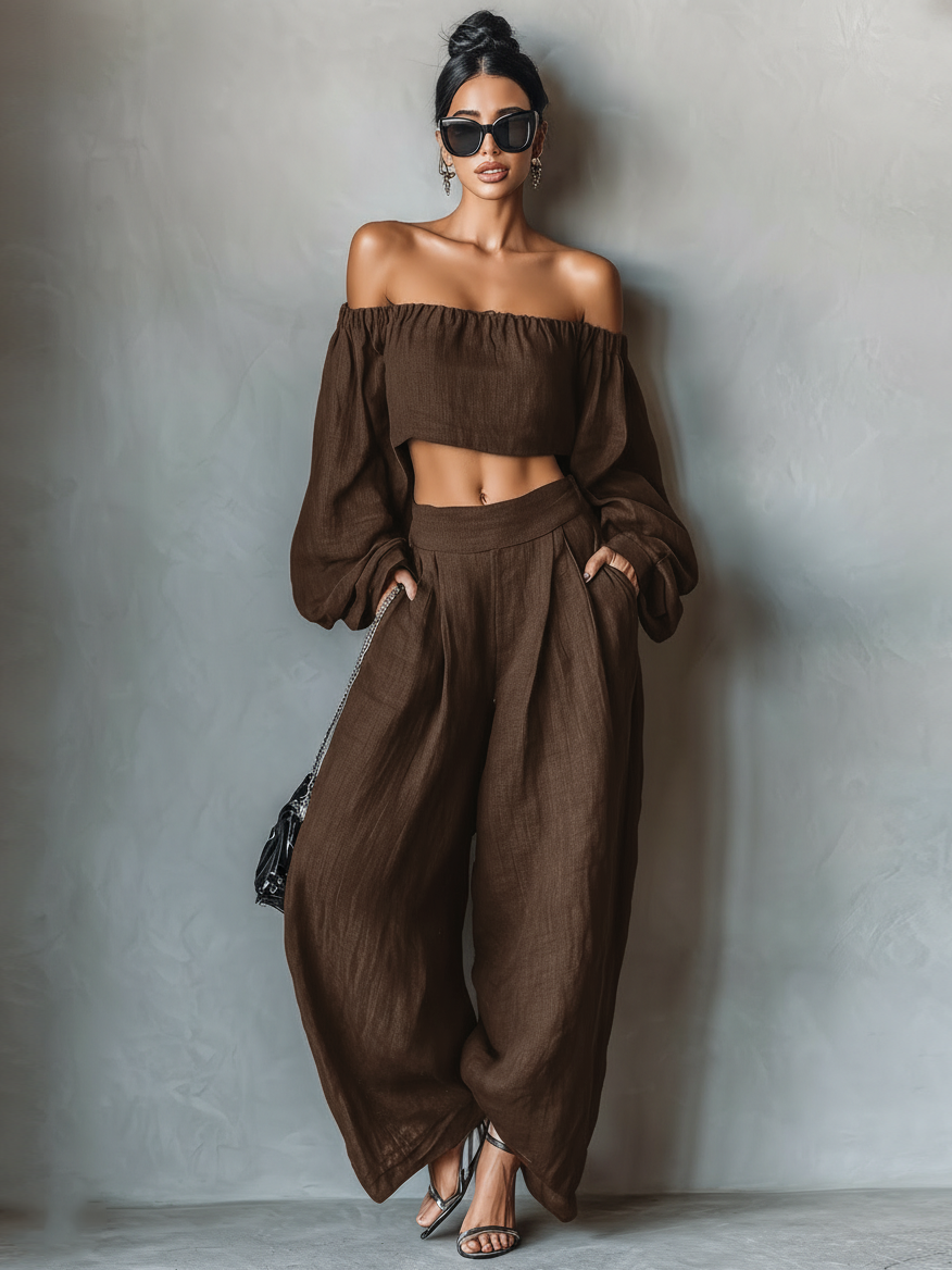 Linen Blend Strapless Blouse and Wide-Leg Pants Set for Women
