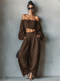 Linen Blend Strapless Blouse and Wide-Leg Pants Set for Women