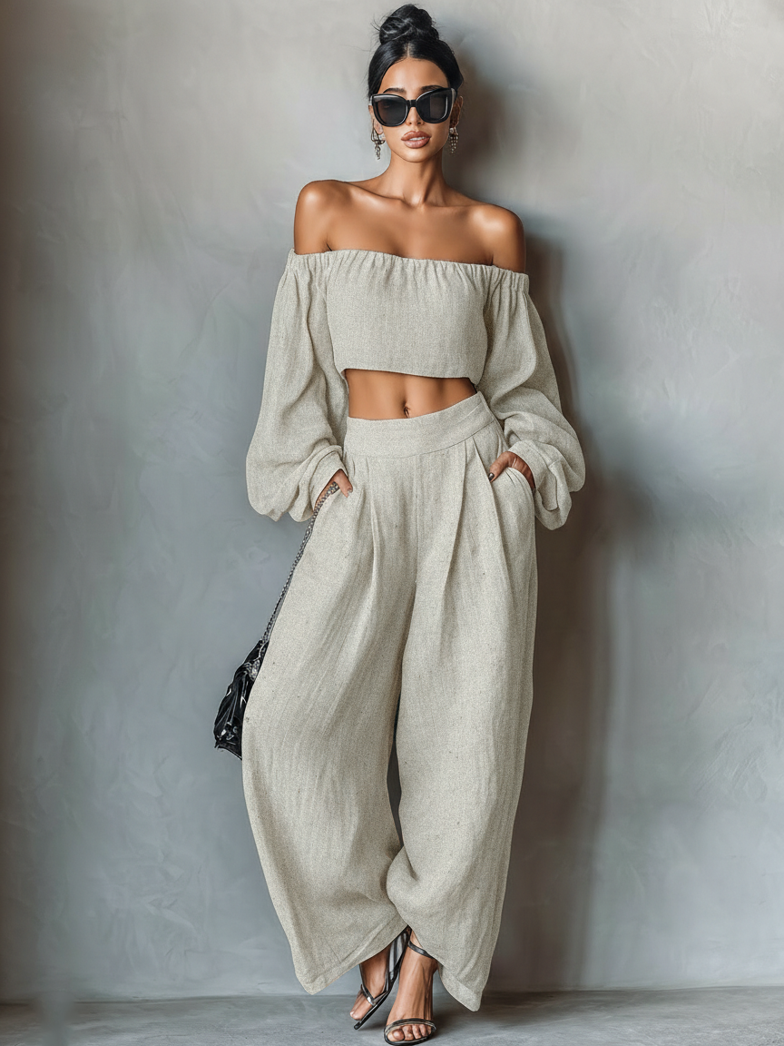 Linen Blend Strapless Blouse and Wide-Leg Pants Set for Women