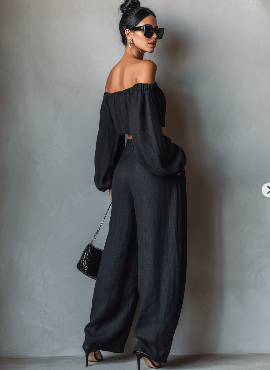 Linen Blend Strapless Blouse and Wide-Leg Pants Set for Women