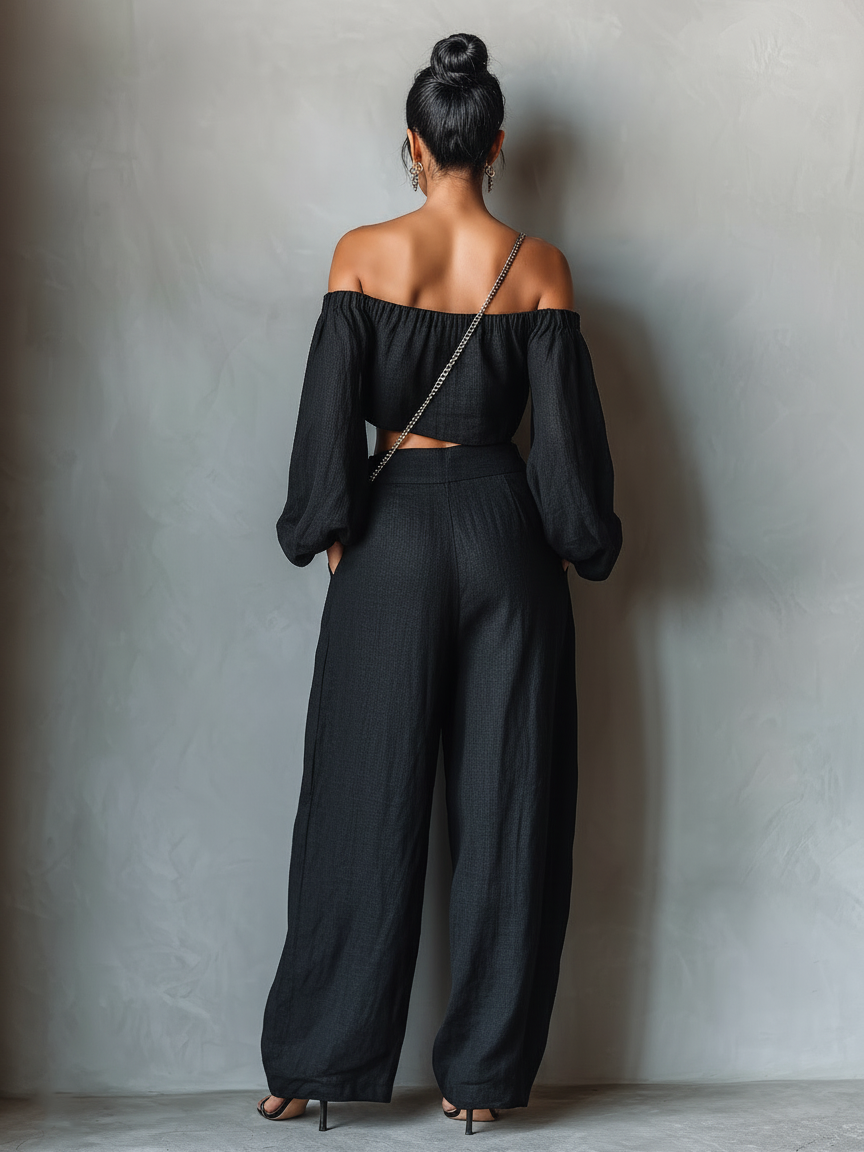 Linen Blend Strapless Blouse and Wide-Leg Pants Set for Women