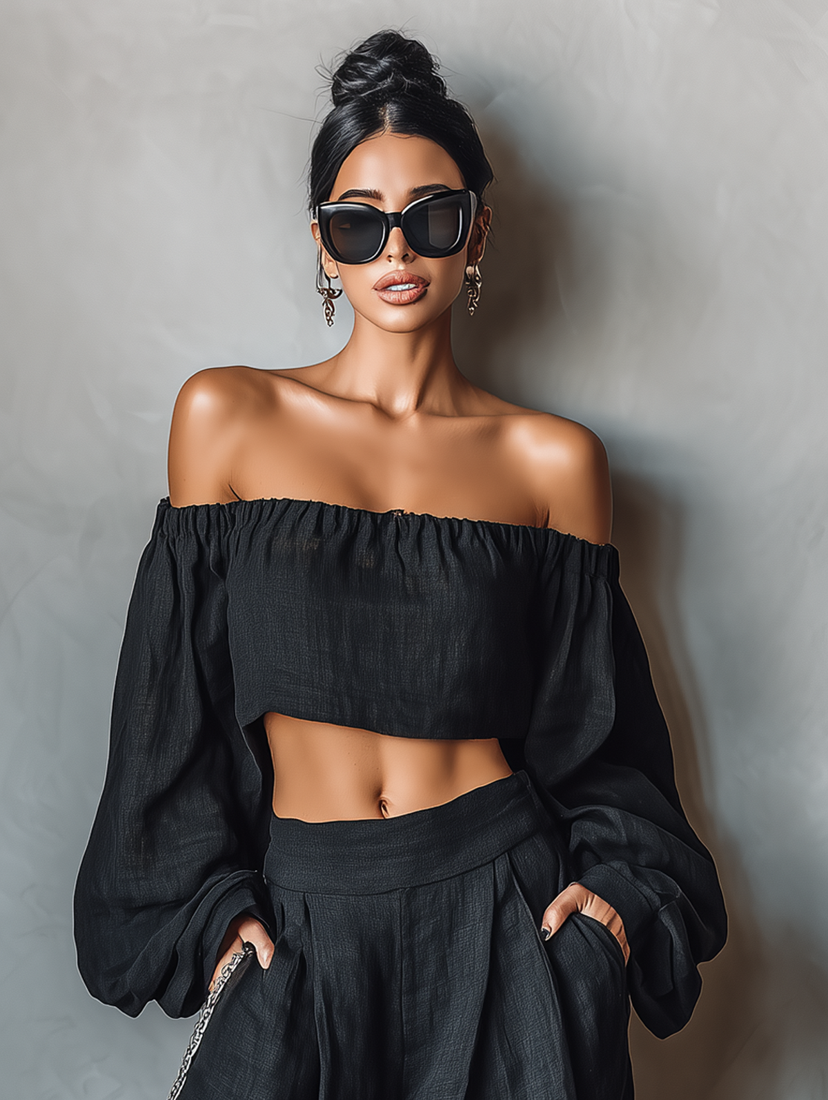 Linen Blend Strapless Blouse and Wide-Leg Pants Set for Women