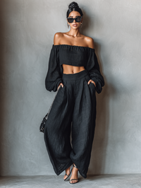 Linen Blend Strapless Blouse and Wide-Leg Pants Set for Women