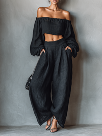 Linen Blend Strapless Blouse and Wide-Leg Pants Set for Women