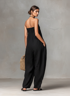 Linen-Blend Strapless Jumpsuit for Women - Loose-Fitting Summer Style with Tie Closure
