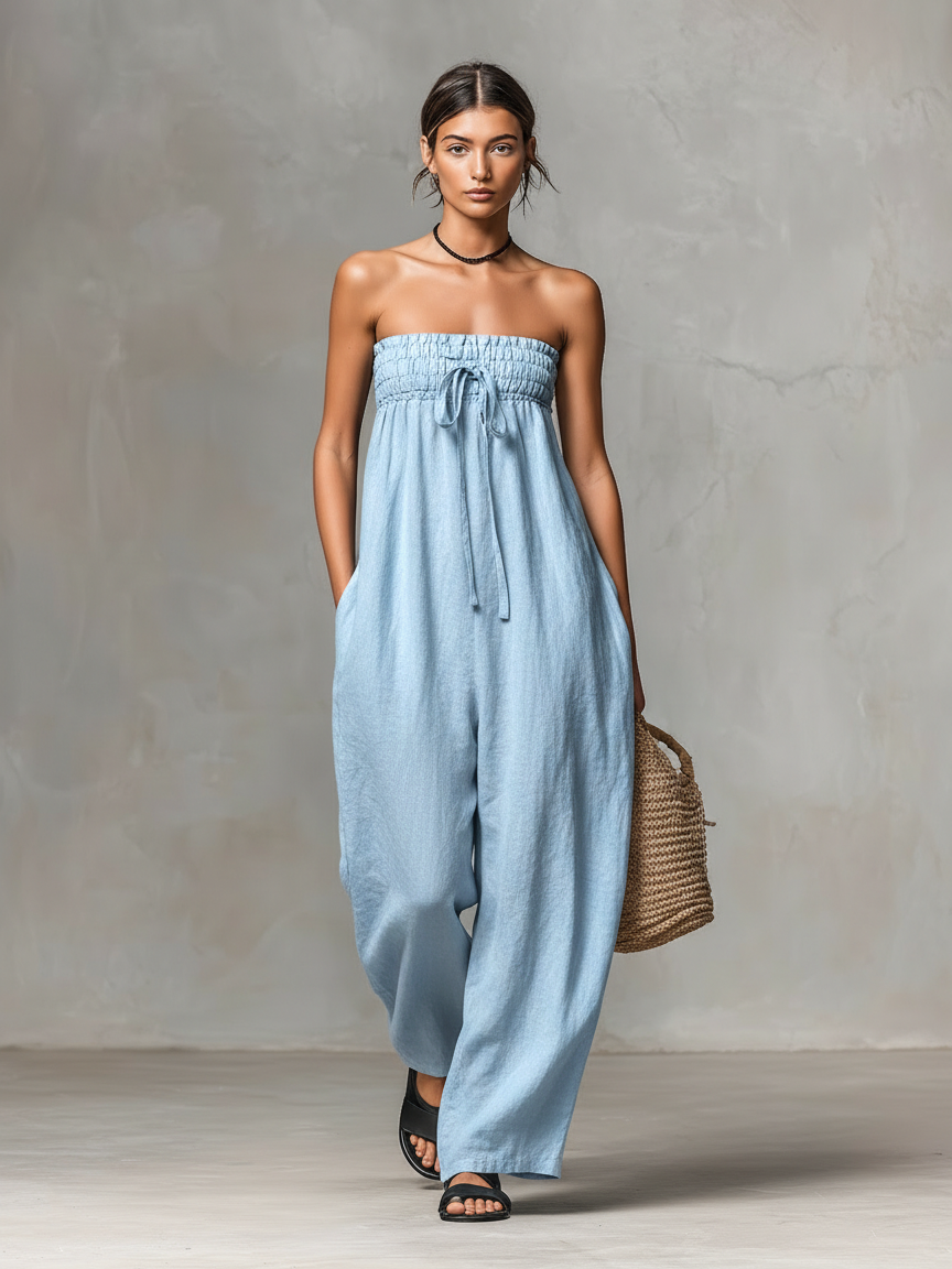 Linen-Blend Strapless Jumpsuit for Women - Loose-Fitting Summer Style with Tie Closure