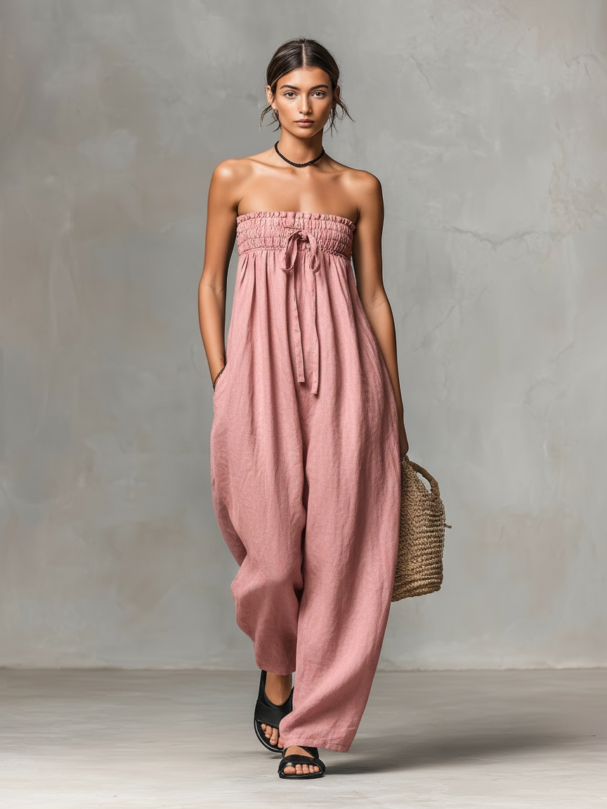 Linen-Blend Strapless Jumpsuit for Women - Loose-Fitting Summer Style with Tie Closure