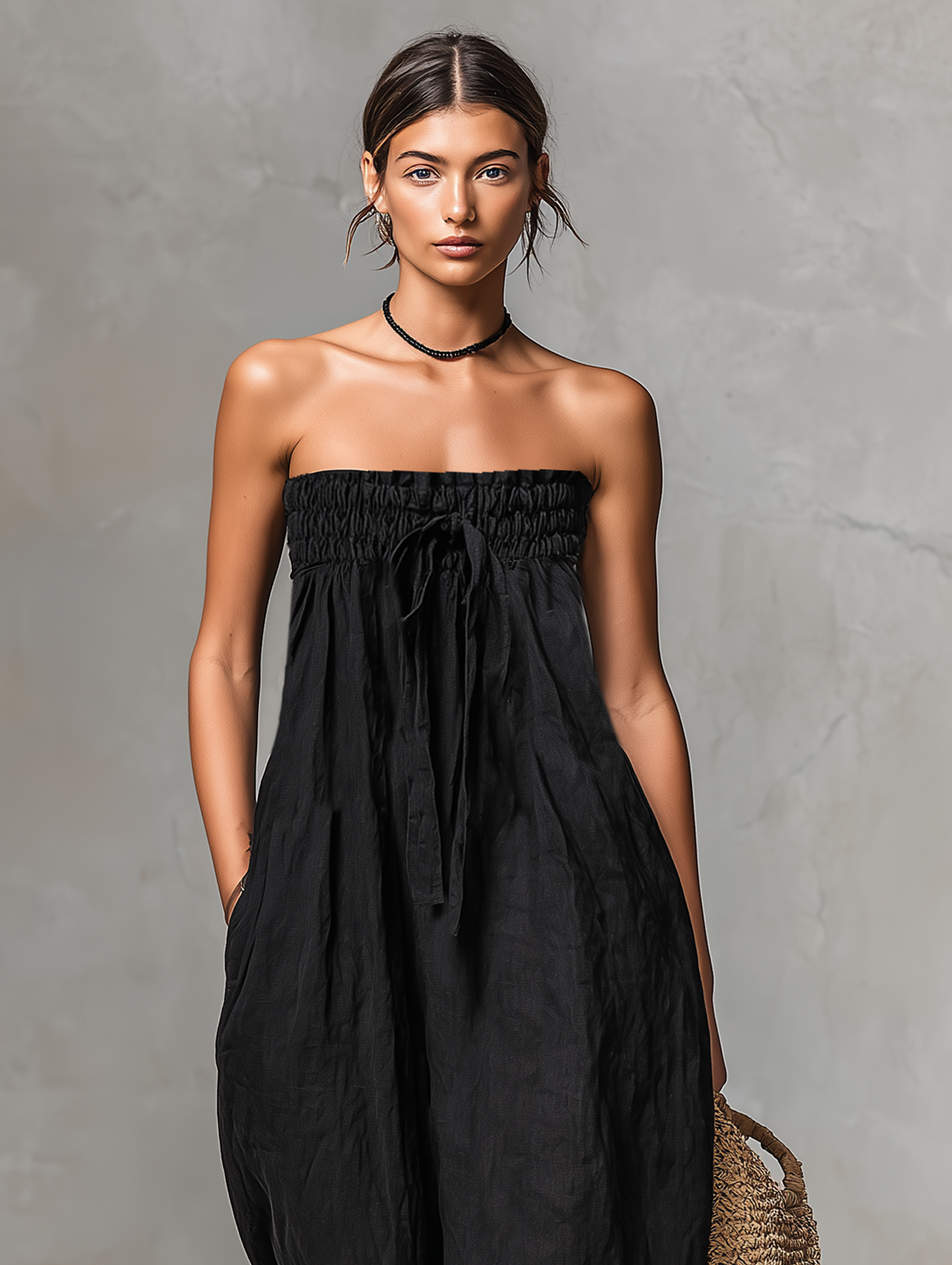 Linen-Blend Strapless Jumpsuit for Women - Loose-Fitting Summer Style with Tie Closure