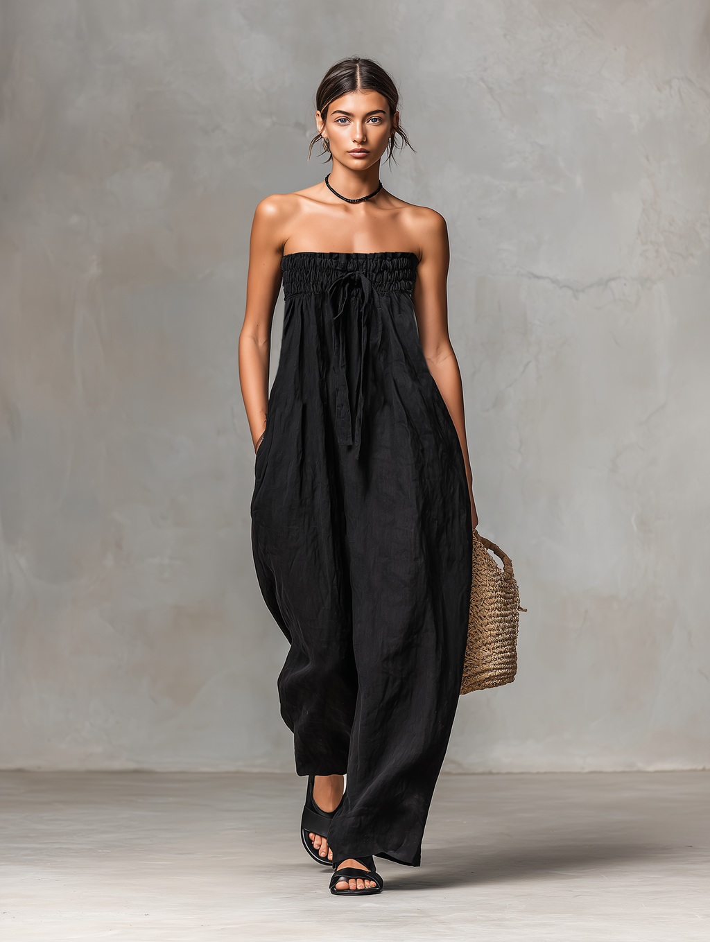 Linen-Blend Strapless Jumpsuit for Women - Loose-Fitting Summer Style with Tie Closure