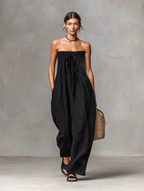 Linen-Blend Strapless Jumpsuit for Women - Loose-Fitting Summer Style with Tie Closure