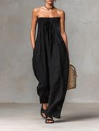 Linen-Blend Strapless Jumpsuit for Women - Loose-Fitting Summer Style with Tie Closure