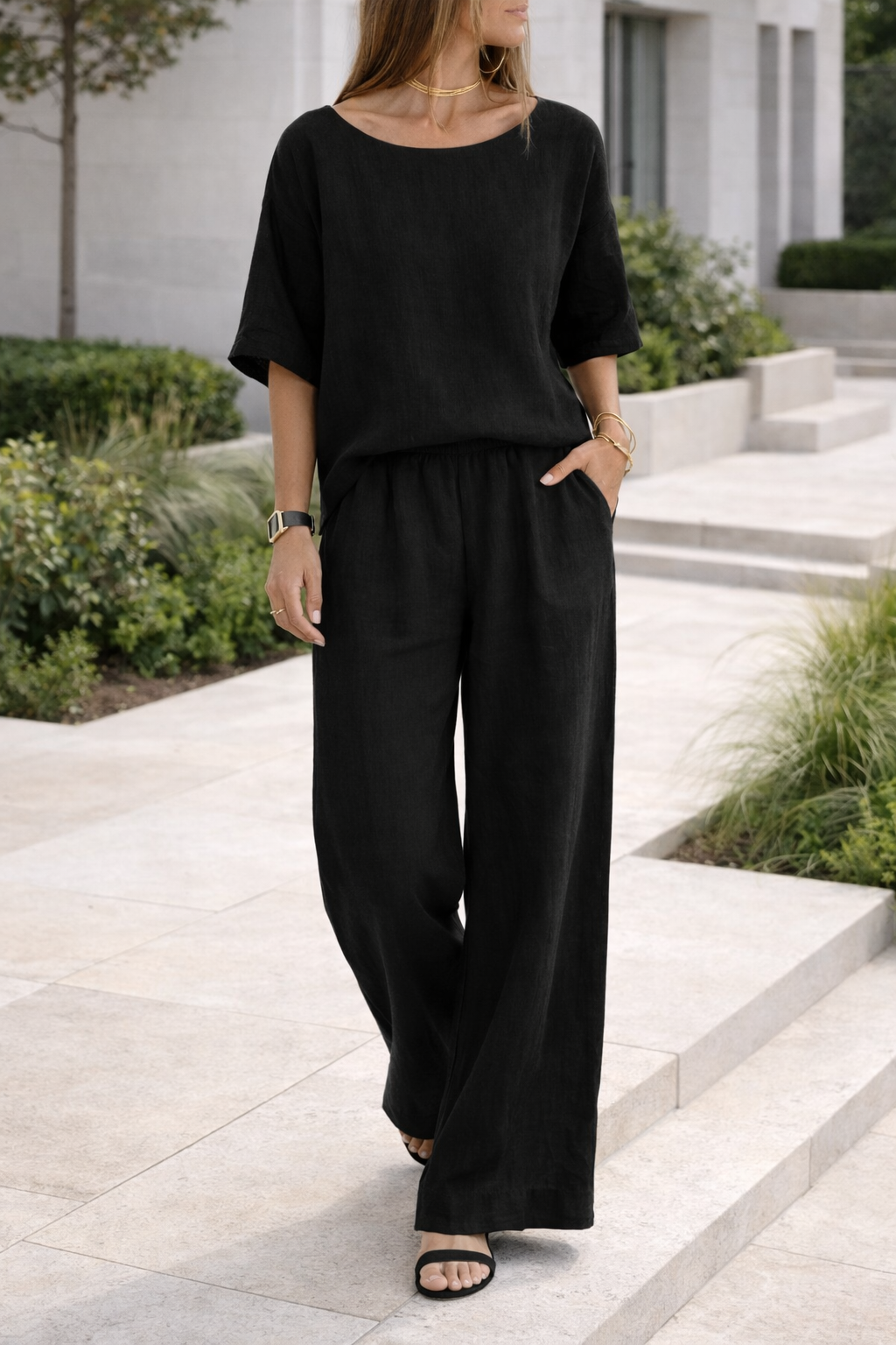 Linen Blend Wide Leg Trousers Set for Women - Casual Chic Outfit
