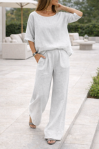 Linen Blend Wide Leg Trousers Set for Women - Casual Chic Outfit