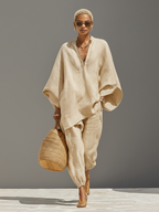 Linen Blend Women's Co-Ord Set - Textured Asymmetric Hem Casual Outfit