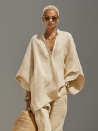 Linen Blend Women's Co-Ord Set - Textured Asymmetric Hem Casual Outfit