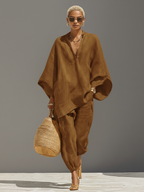 Linen Blend Women's Co-Ord Set - Textured Asymmetric Hem Casual Outfit