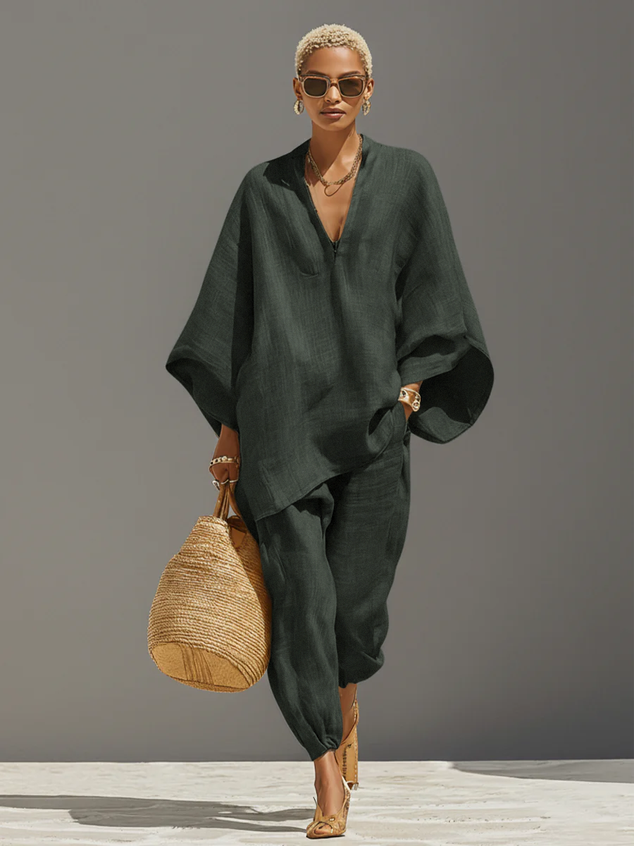 Linen Blend Women's Co-Ord Set - Textured Asymmetric Hem Casual Outfit