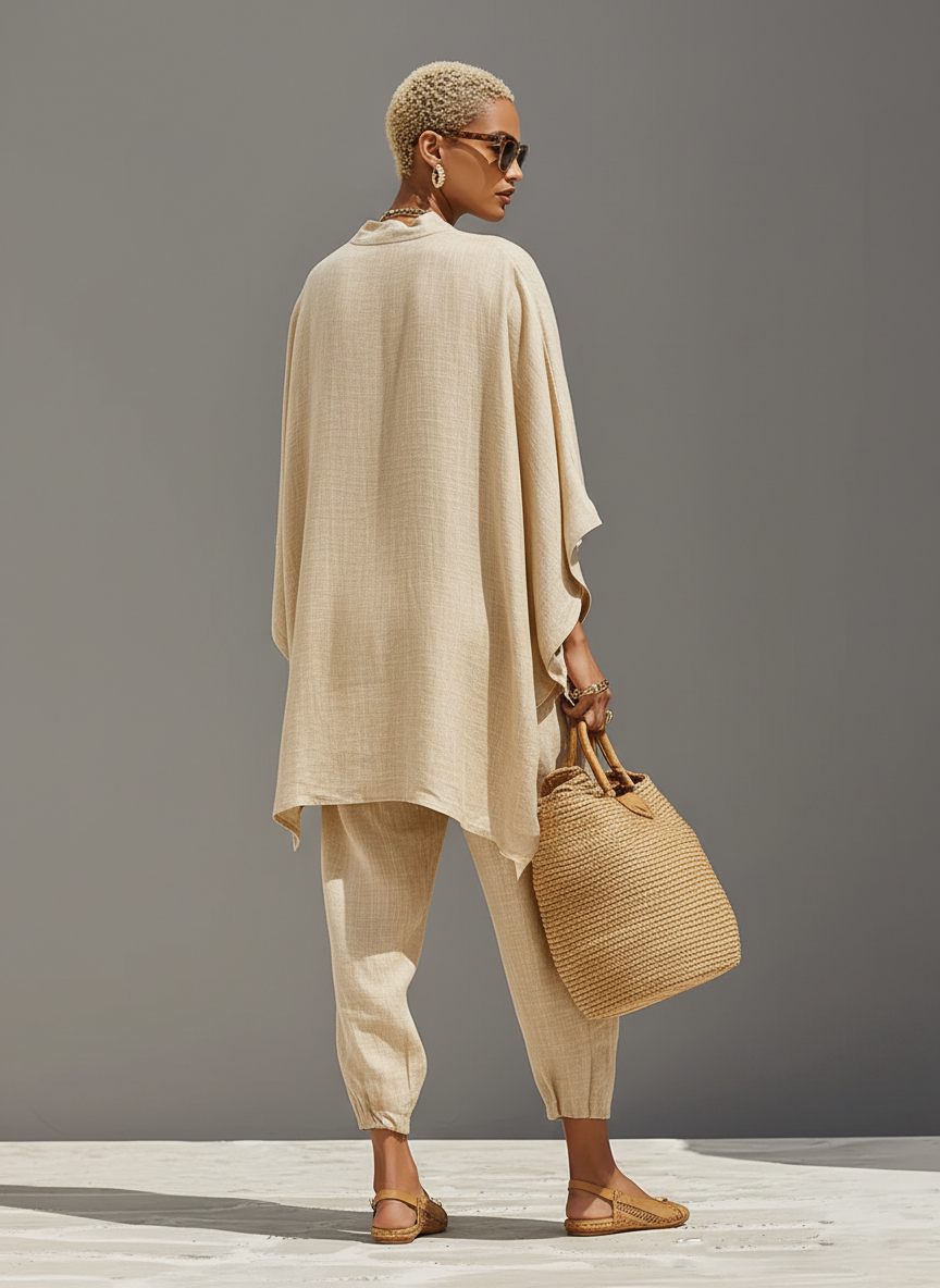 Linen Blend Women's Co-Ord Set - Textured Asymmetric Hem Casual Outfit
